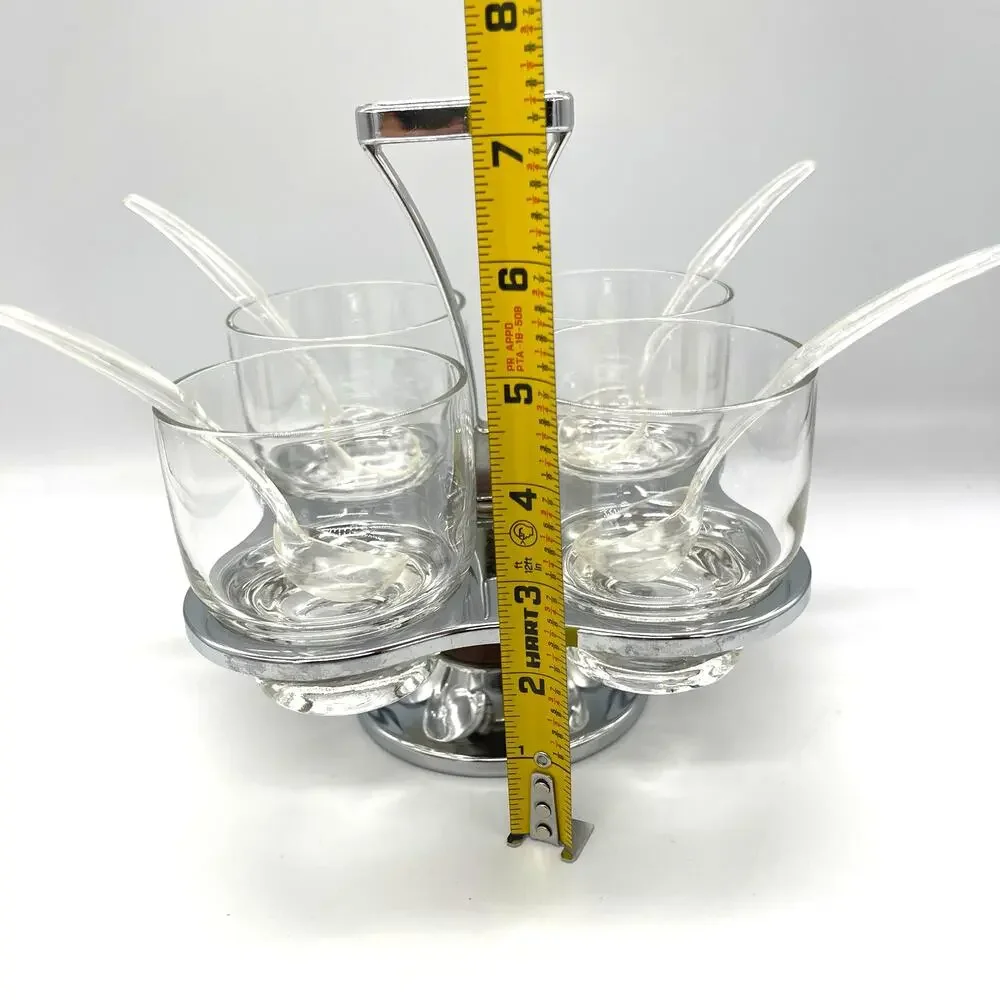 Vintage Mid Century Milbern Chrome & Wood Condiment Caddy 4 Glasses & Spoons